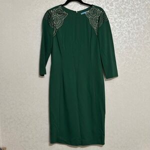 Antonio Melani Solid Green 3/4 Sleeve Sheath Dress Lace Detail Knee Length Sz 10